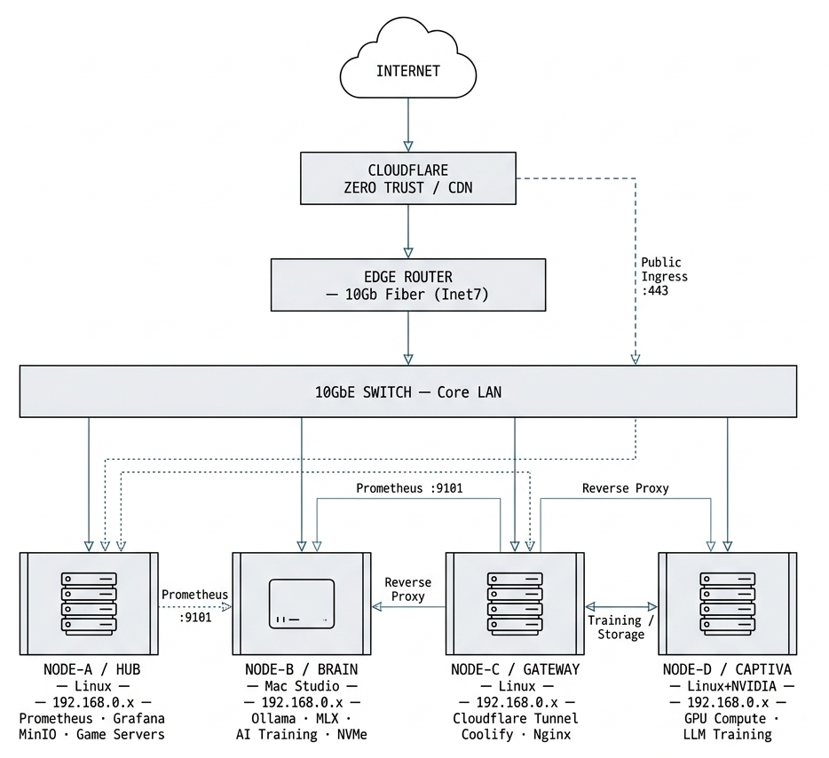 Netzwerk-Topologie der privaten Cloud: vier Nodes, Switch und Cloudflare